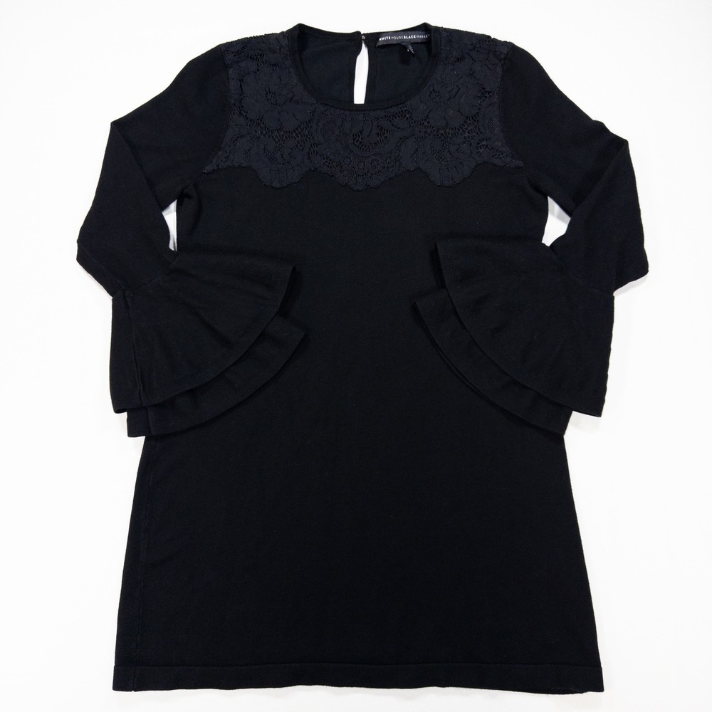 WHBM Black Lace Bell Sleeve Long Sweater Minidress Size XS Witchy Whimsigoth